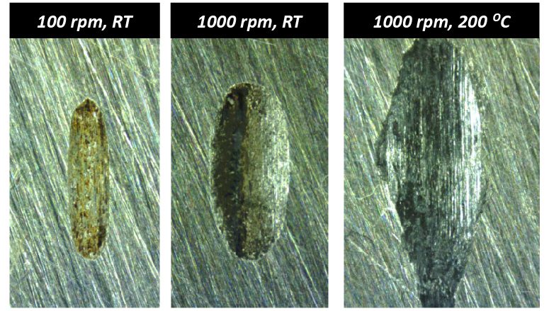 Fretting wear tracks at various conditions under the optical microscope